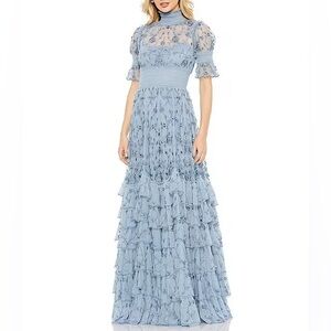 NWT Mac Duggal Embroidered Floral Mock Neck Short Sleeve Tiered Ruffled Gown